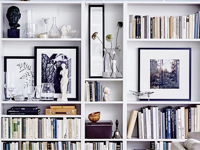 Styled shelving unit with books, plants, and decorative pieces